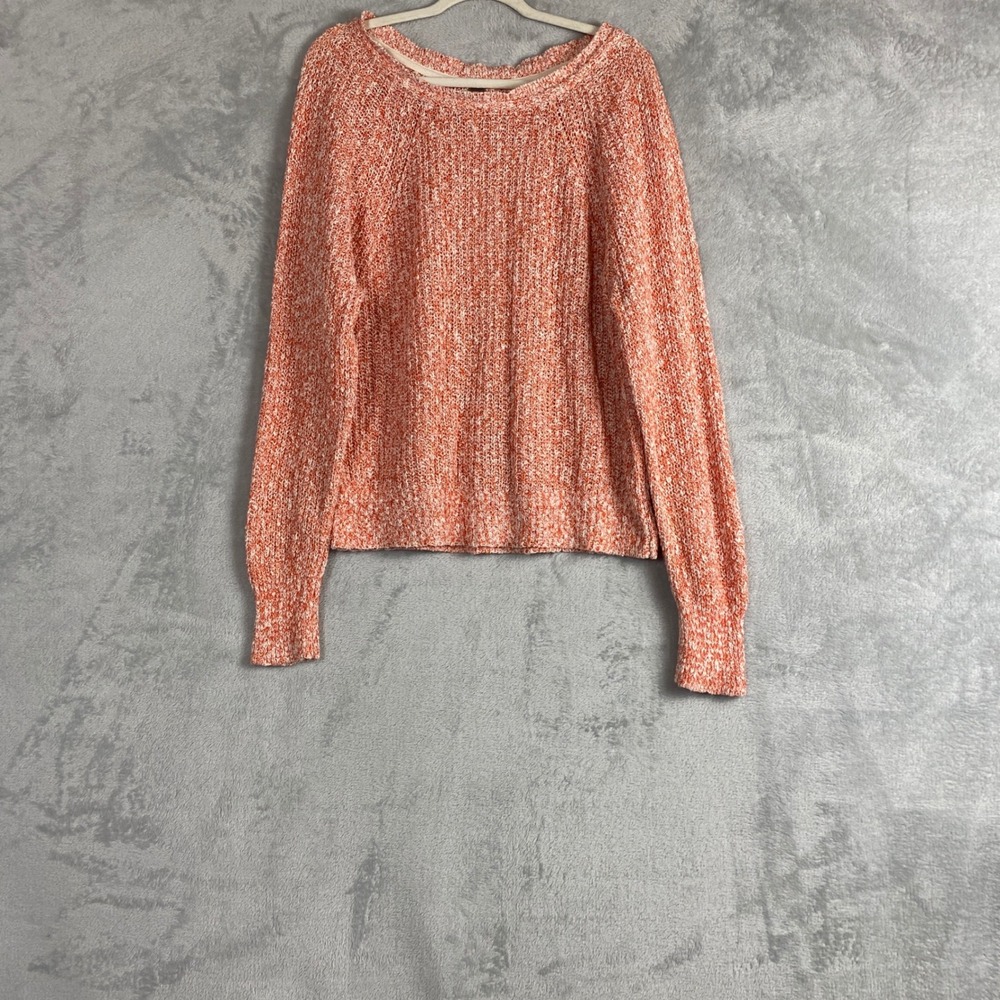 Free People Orange White Marled Cotton Linen Knit Sweater Medium Raglan Pullover